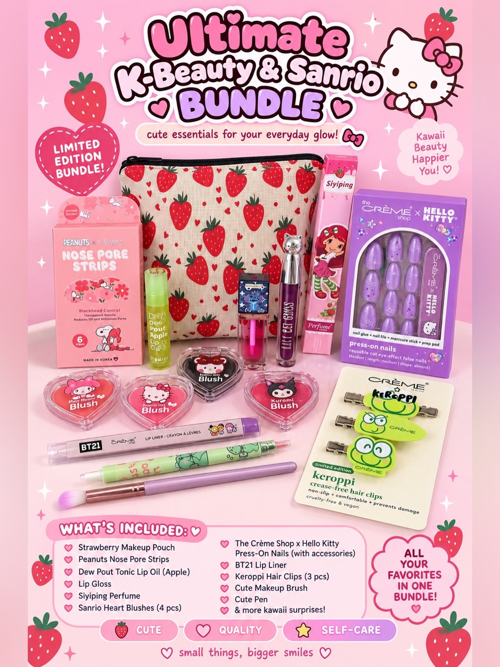 The Crème & Sanrio Makeup Pouch & Beauty Set Bundle